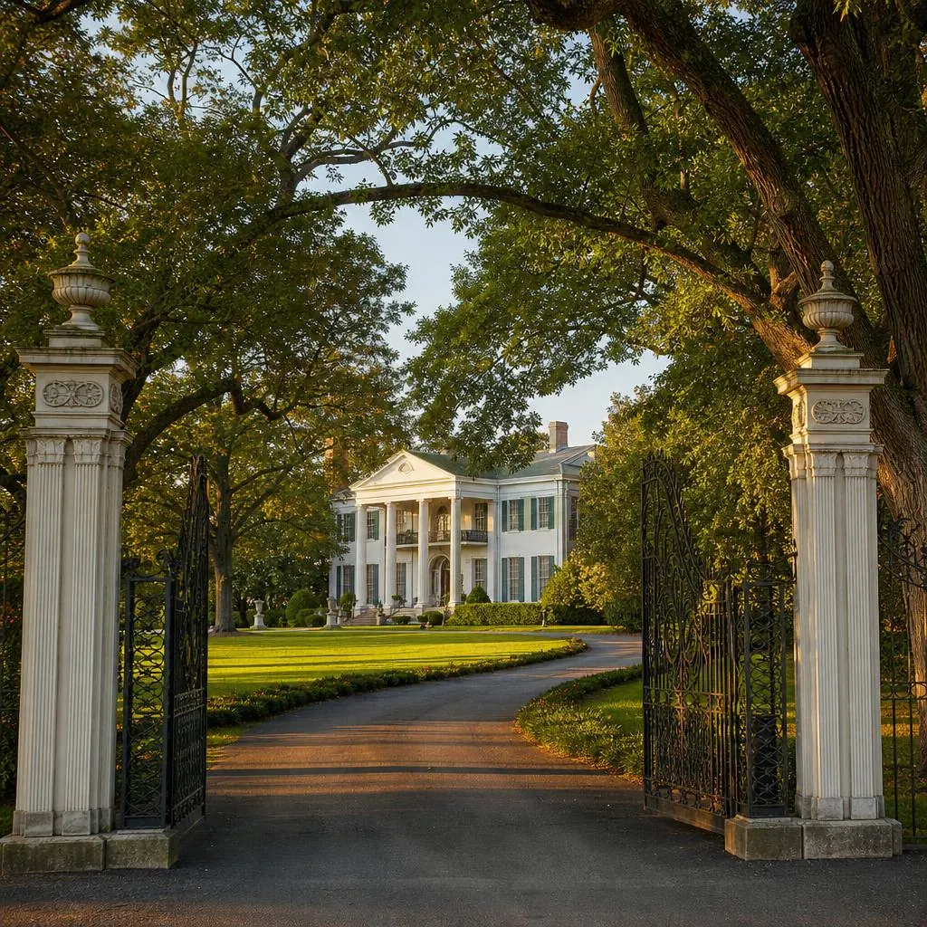 Grand antebellum mansion estate in Belle Meade, Tennessee with stately columns and oak-lined entrance