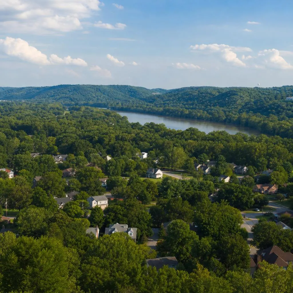 Wooded rolling hills and Harpeth River valley in Bellevue, Tennessee