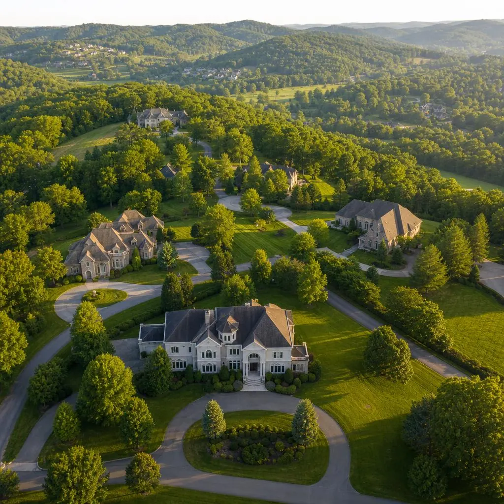Aerial view of Brentwood, Tennessee luxury estate homes set among rolling wooded hills