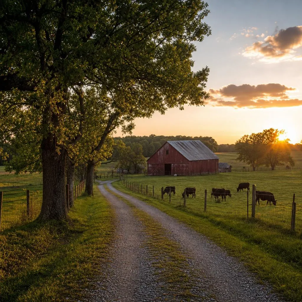 Rural Burns, Tennessee farmland with open pastures, red barn, and mature oaks at golden hour