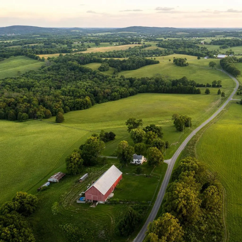 Pastoral aerial view of rolling farmland and hardwood groves in College Grove, Tennessee