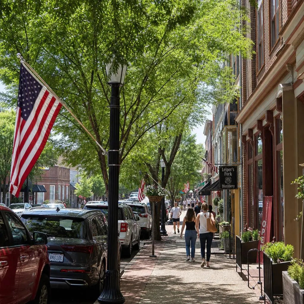 Historic downtown Franklin, Tennessee Main Street with antebellum brick storefronts and American flags