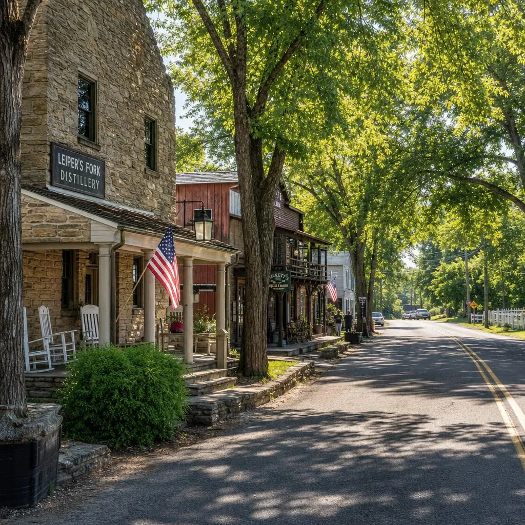Rustic village storefronts along a quiet tree-lined road in Leiper's Fork, Tennessee
