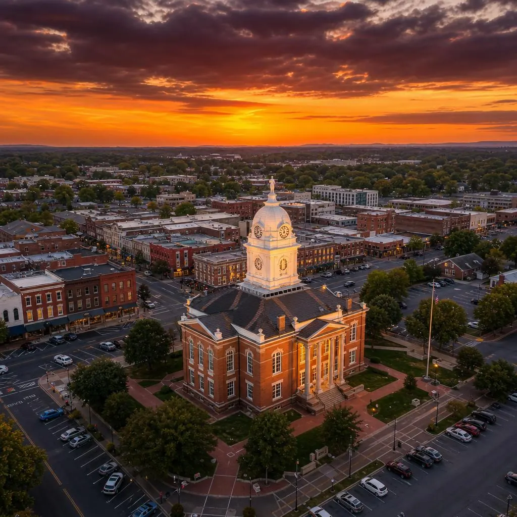 Aerial view of downtown Murfreesboro, Tennessee with the historic Rutherford County Courthouse dome