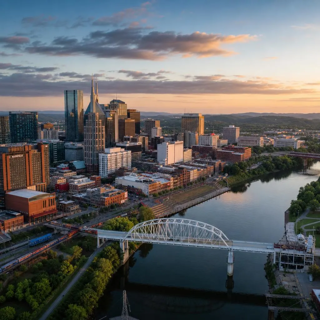 Aerial panoramic view of the Nashville, Tennessee skyline along the Cumberland River at golden hour