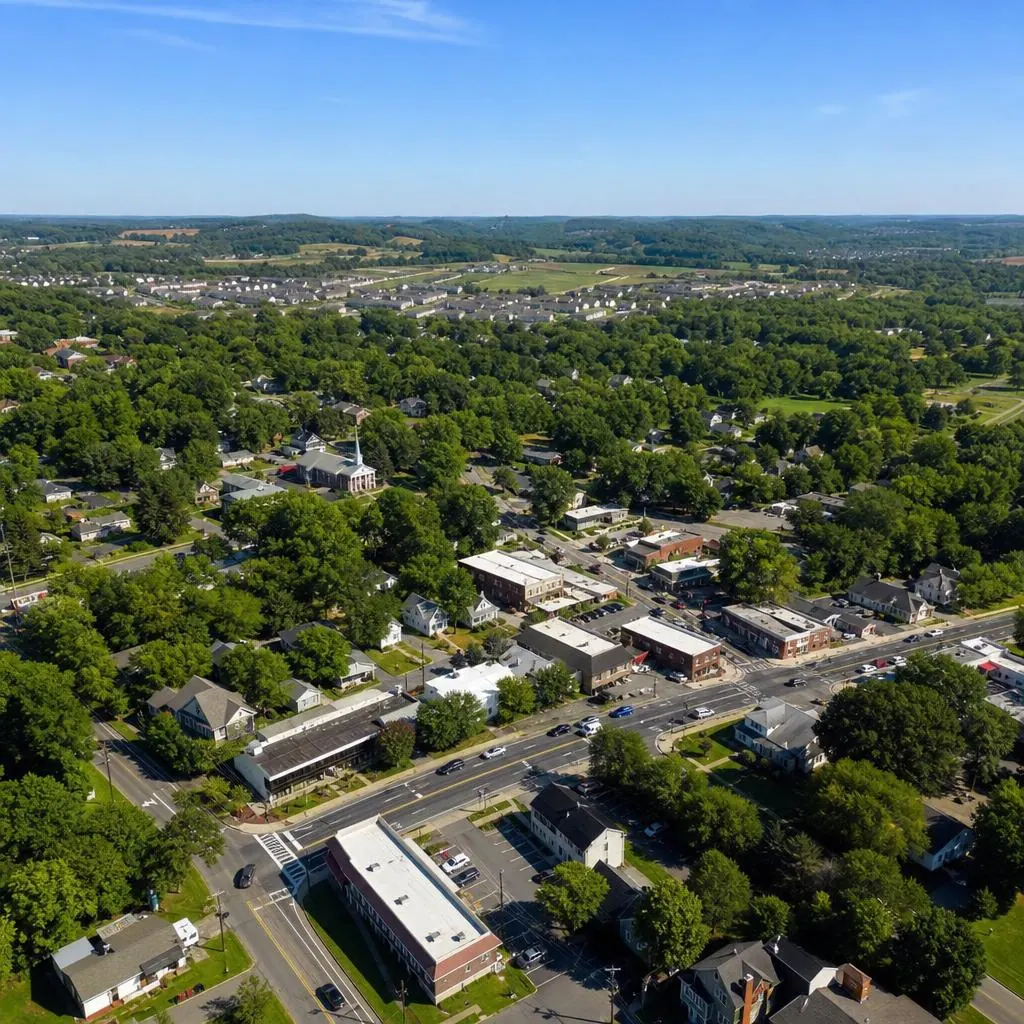 Aerial view of Nolensville, Tennessee with historic town center and surrounding rolling hills