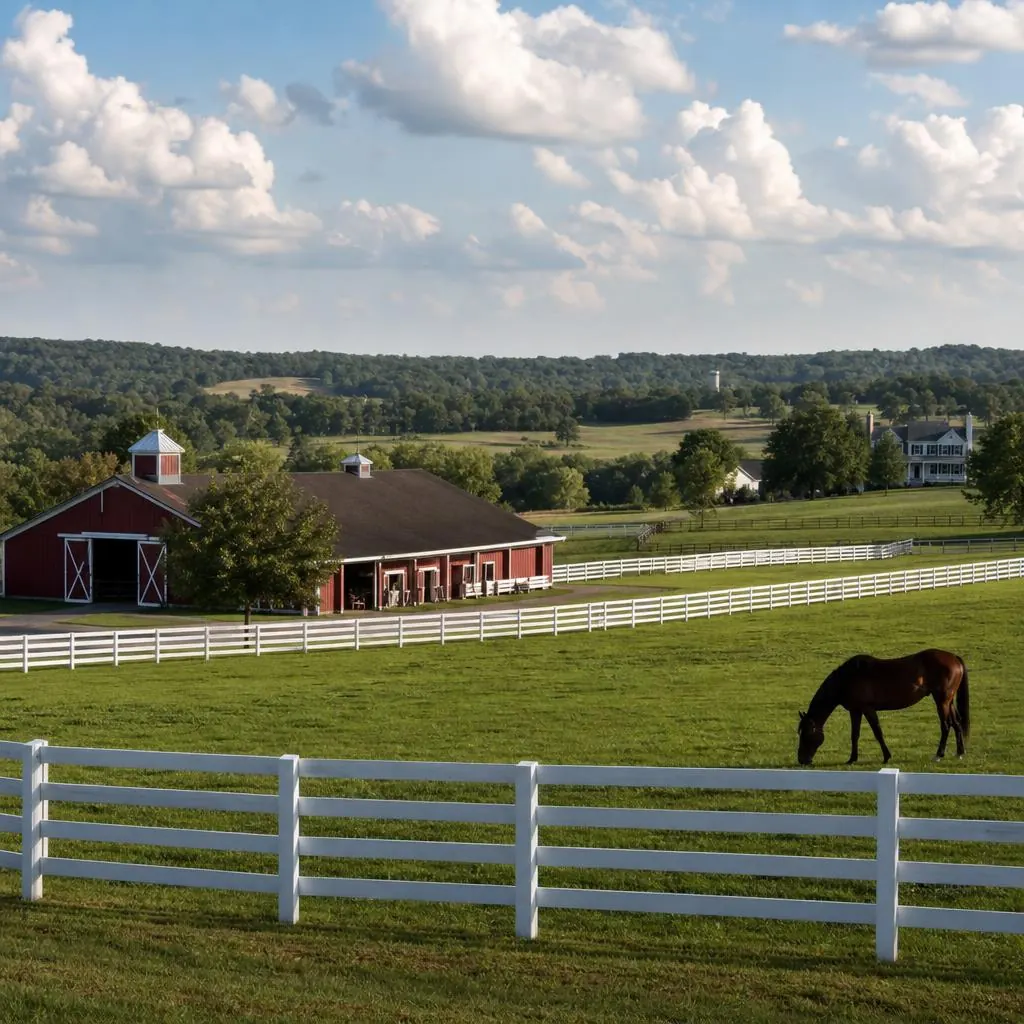 Rolling horse farm pastures with white board fences and red barn in Thompson's Station, Tennessee